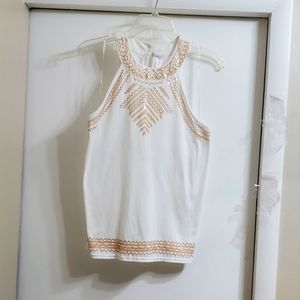 Sleeveless White Halter shirt with tan/cream Sequins